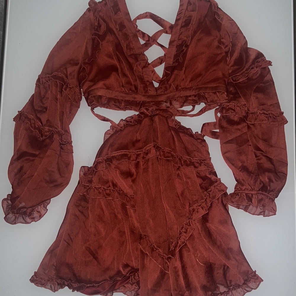 Fashion Nova Rust Red Long Sleeve Ruffle Dress